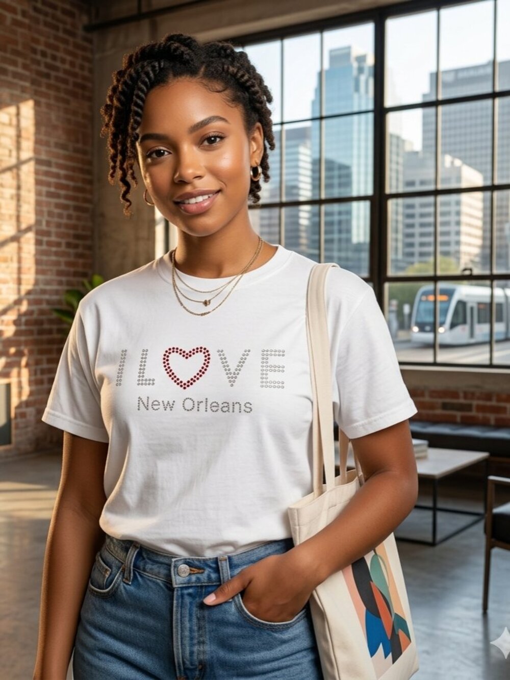 I Love New Orleans Adult Small Rhinestones Lt Unisex T-Shirt white 100% Cotton